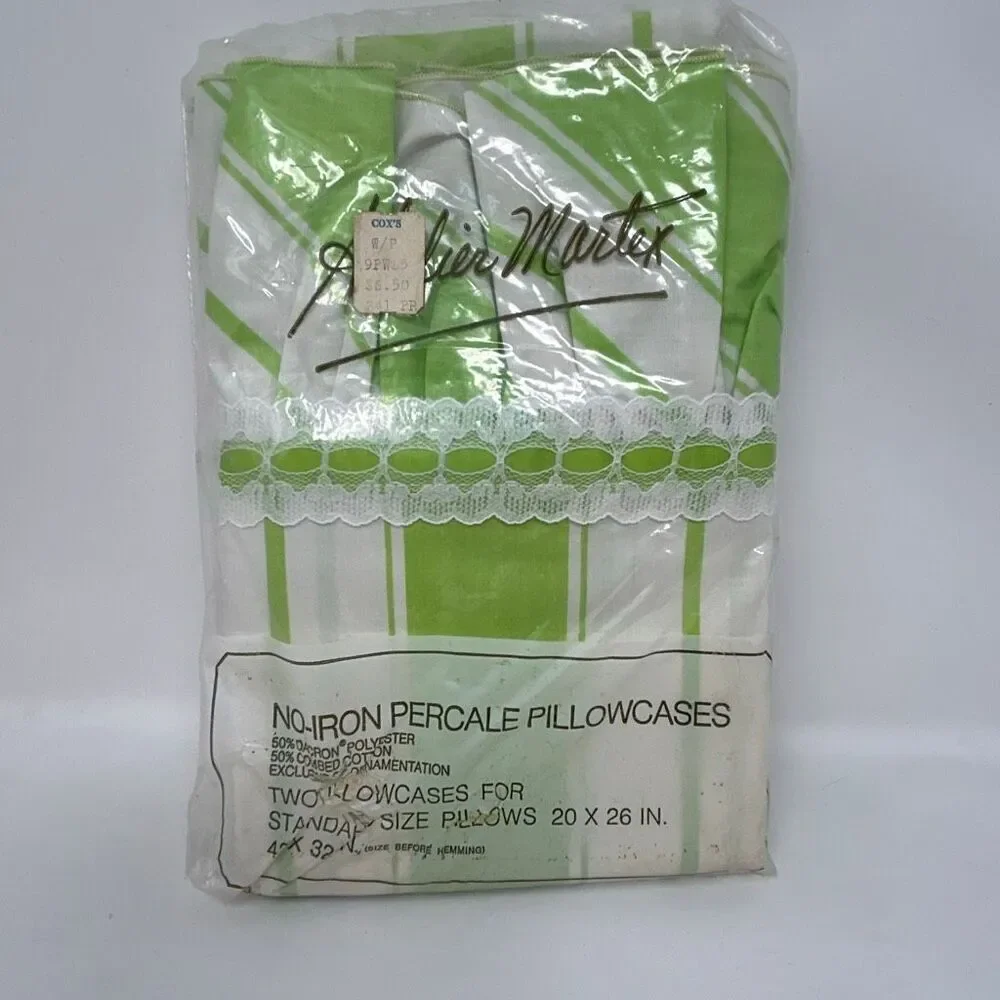 NEW Vtg No-Iron Percale Pilliwcases Set 2 Standard Size Green White Stripe Ruffl